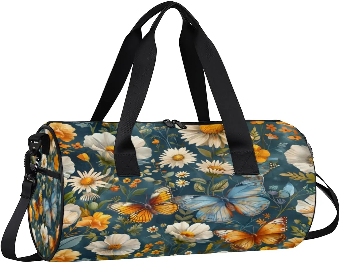 Flower Butterfly Scene Sports Duffel Bag with Shoulder Strap, Large Capacity Gym Bag with Shoe Compartment, Water Resistant Travel Duffle Bag for Men Women Travel, Sports (17.6x9x9 Inch)