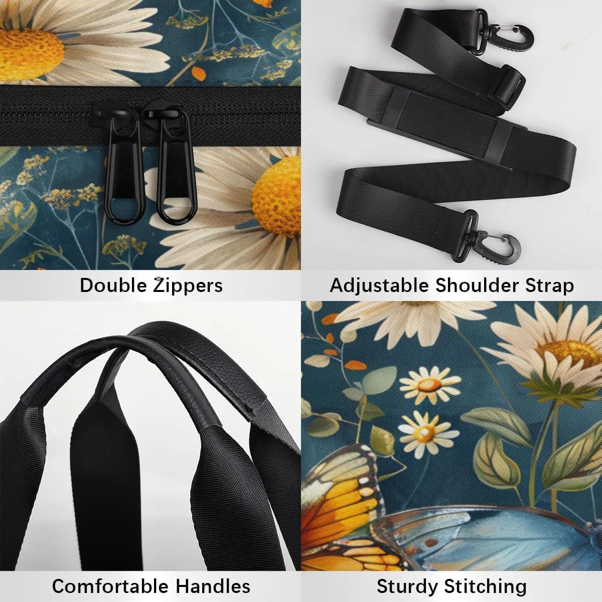 Flower Butterfly Scene Sports Duffel Bag with Shoulder Strap, Large Capacity Gym Bag with Shoe Compartment, Water Resistant Travel Duffle Bag for Men Women Travel, Sports (17.6x9x9 Inch)