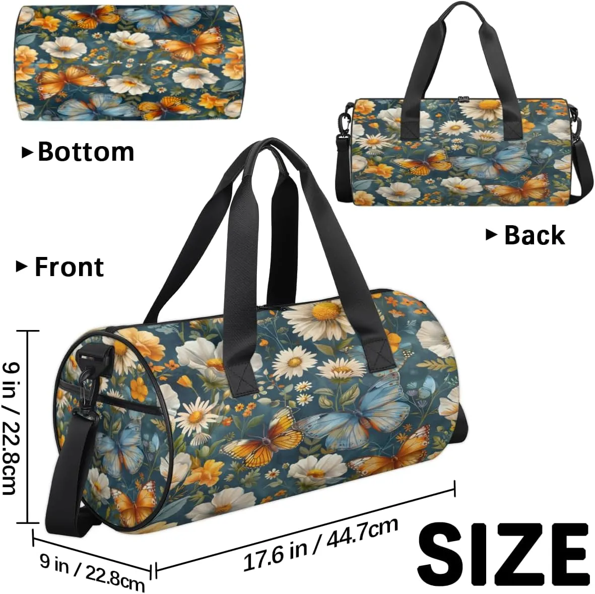 Flower Butterfly Scene Sports Duffel Bag with Shoulder Strap, Large Capacity Gym Bag with Shoe Compartment, Water Resistant Travel Duffle Bag for Men Women Travel, Sports (17.6x9x9 Inch)
