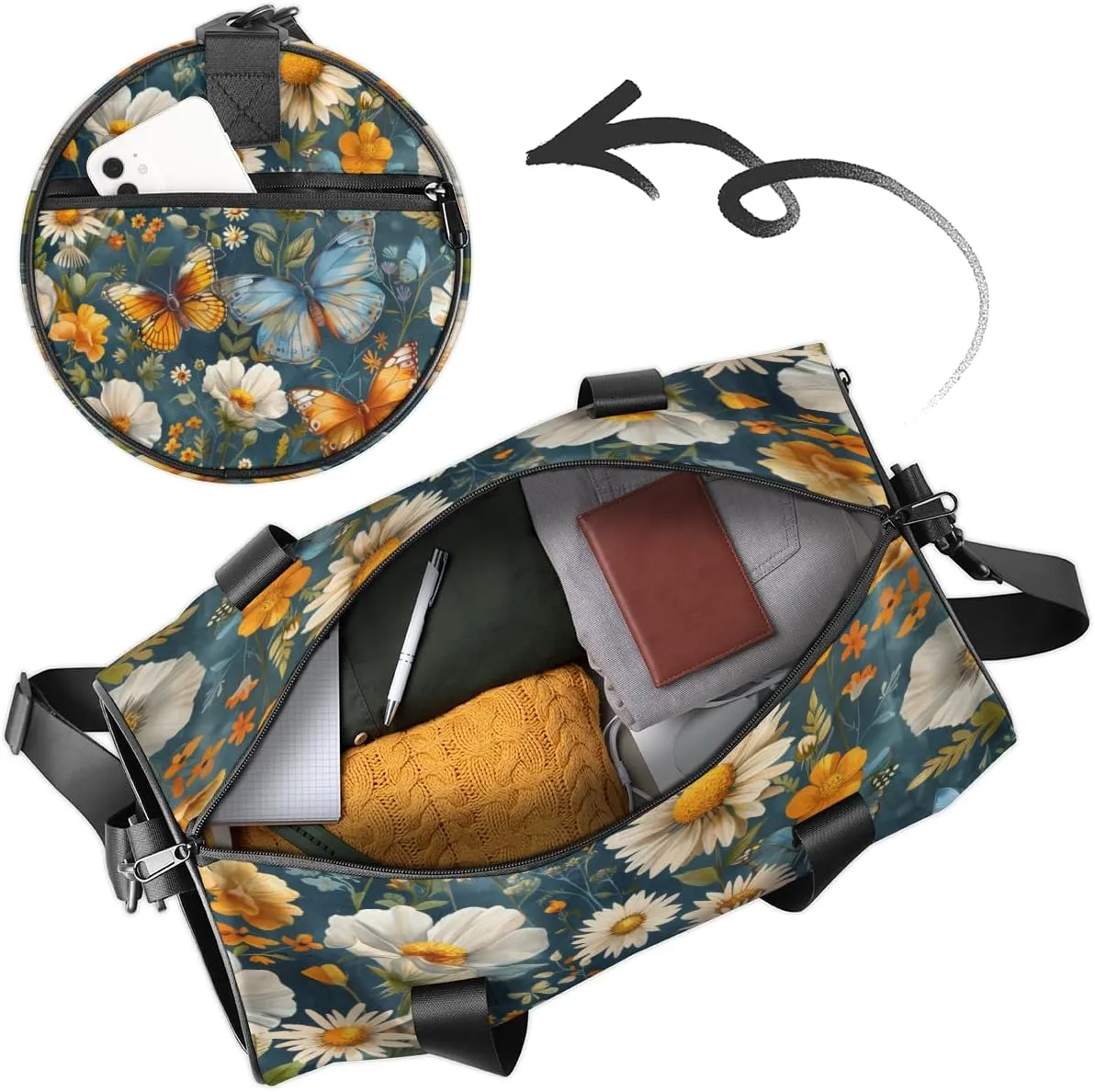 Flower Butterfly Scene Sports Duffel Bag with Shoulder Strap, Large Capacity Gym Bag with Shoe Compartment, Water Resistant Travel Duffle Bag for Men Women Travel, Sports (17.6x9x9 Inch)