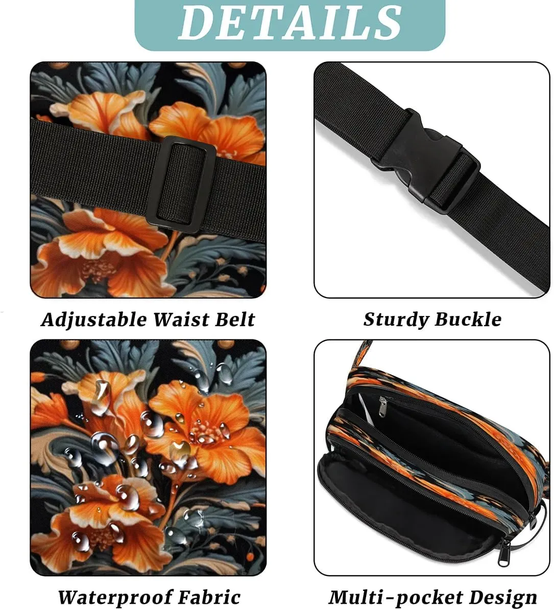 Flowers Retro Boho Pattern Fanny Packs for Women Men Waterproof Waist Bag with Adjustable Strap Belt Bag for Travel Running Hiking