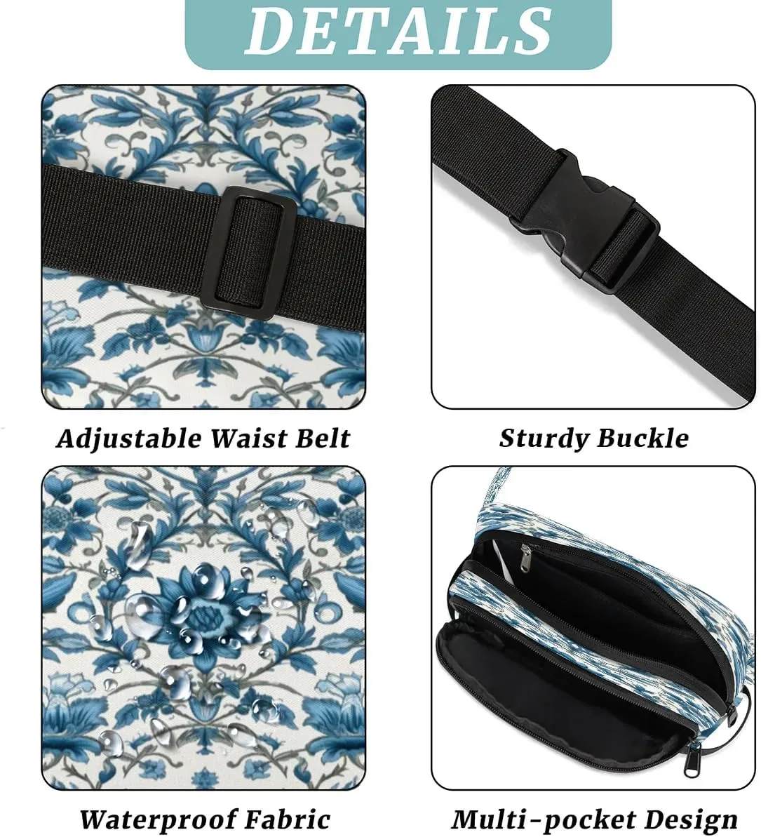 Flowers Retro Boho Print Fanny Packs for Women Men Waterproof Waist Bag with Adjustable Strap Belt Bag for Travel Running Hiking