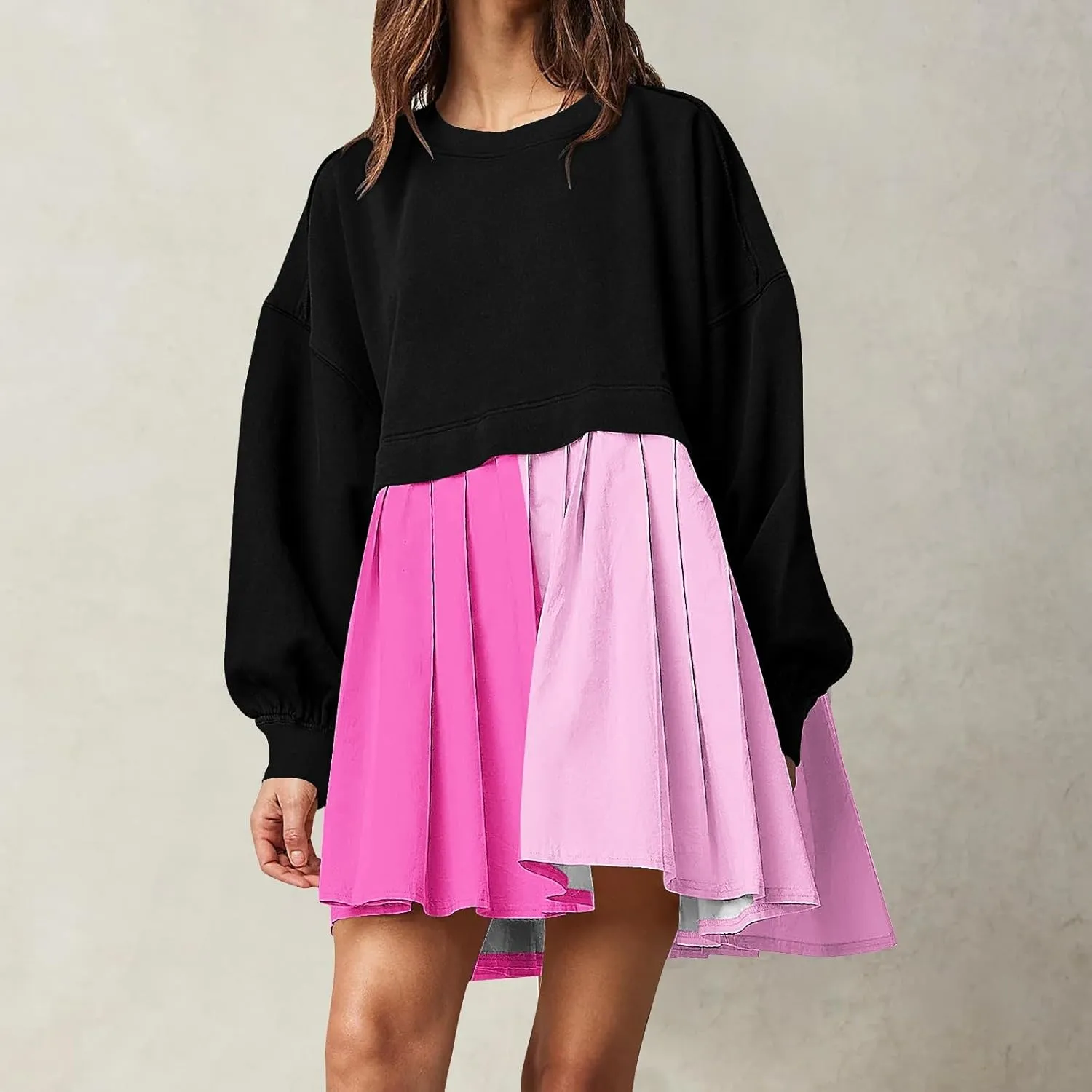 Flowy Dresses for Women Long Sleeve Color Block Patchwork Sweatshirt Dress Causal Loose Crewneck Pleated Pullover Top