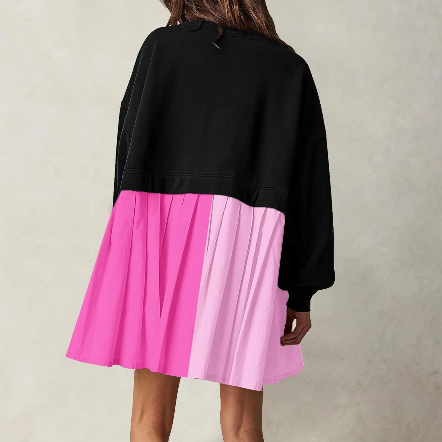 Flowy Dresses for Women Long Sleeve Color Block Patchwork Sweatshirt Dress Causal Loose Crewneck Pleated Pullover Top