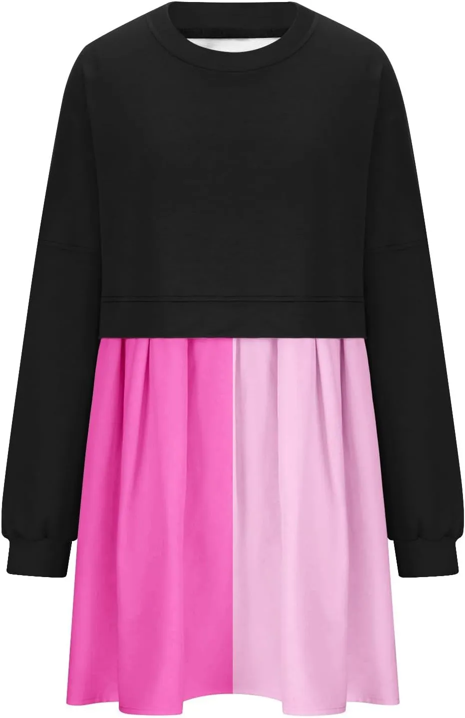 Flowy Dresses for Women Long Sleeve Color Block Patchwork Sweatshirt Dress Causal Loose Crewneck Pleated Pullover Top