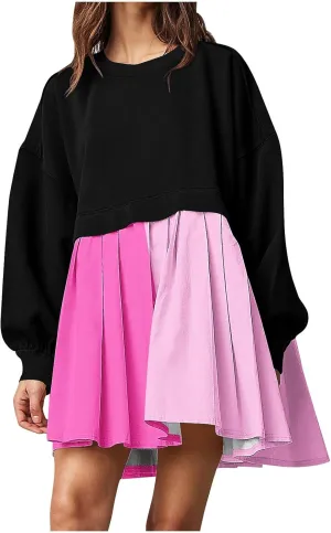 Flowy Dresses for Women Long Sleeve Color Block Patchwork Sweatshirt Dress Causal Loose Crewneck Pleated Pullover Top