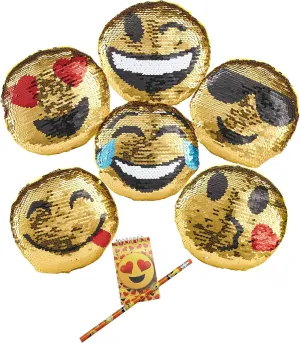 Forest & Twelfth Flip Sequin Round Mini Emoticon Pillows, 5-5.5 Inches, Set of 6 Emotive Expressions Designs, Reversible Mermaid Sequins, Plus Pencil and Memo Notebook, Great Gift!