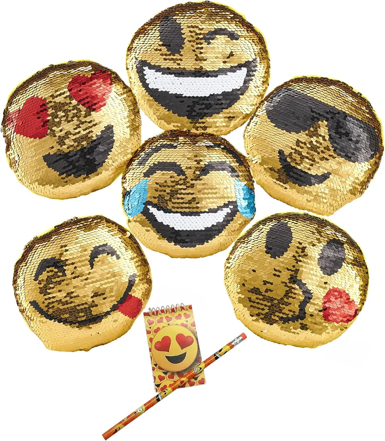 Forest & Twelfth Flip Sequin Round Mini Emoticon Pillows, 5-5.5 Inches, Set of 6 Emotive Expressions Designs, Reversible Mermaid Sequins, Plus Pencil and Memo Notebook, Great Gift!
