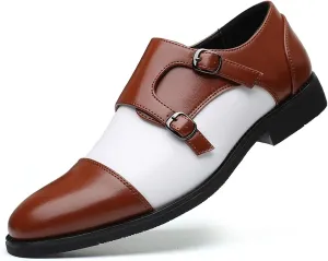 Formal Shoes for Men Slip On Two Tone Double Monk Strap Black and White Cap Toe PU Leather Slip Resistant Anti-Slip Rubber Sole Casual (Color : Brown, Size : 7.5)