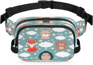 Fox Prickly Clouds Stars Waterproof Fanny Pack for Women Men Adjustable Waist Bag with Double Zipper Pockets Lightweight Square Hip Pack for Running Travel Hiking Workout Cycling