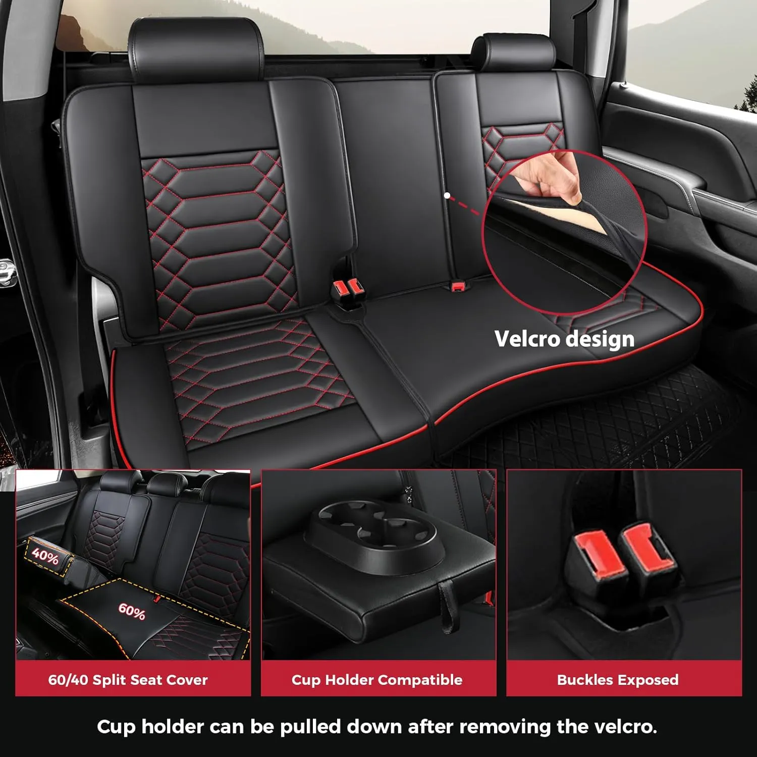 FREESOO Silverado 2014-2018 Leather Full Set Seat Covers, Fit for Chevy Silverado GMC Sierra 1500 2500 3500 Crew Cab Waterproof Truck Seat Covers BlackRed