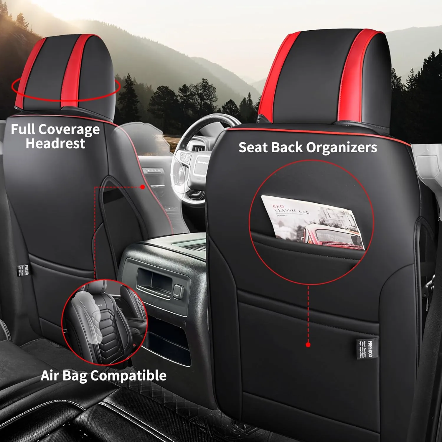 FREESOO Silverado 2014-2018 Leather Full Set Seat Covers, Fit for Chevy Silverado GMC Sierra 1500 2500 3500 Crew Cab Waterproof Truck Seat Covers BlackRed