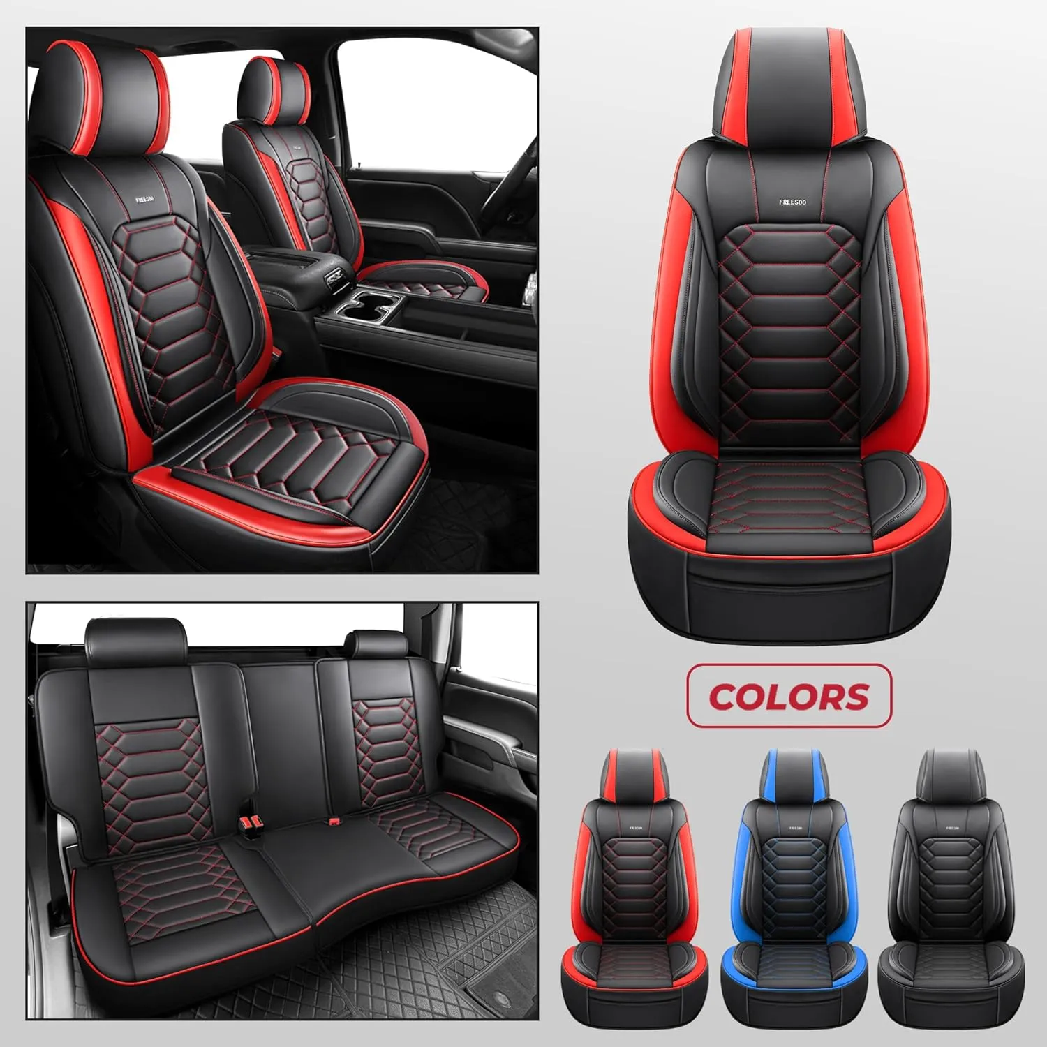 FREESOO Silverado 2014-2018 Leather Full Set Seat Covers, Fit for Chevy Silverado GMC Sierra 1500 2500 3500 Crew Cab Waterproof Truck Seat Covers BlackRed