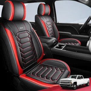 FREESOO Silverado 2014-2018 Leather Full Set Seat Covers, Fit for Chevy Silverado GMC Sierra 1500 2500 3500 Crew Cab Waterproof Truck Seat Covers BlackRed