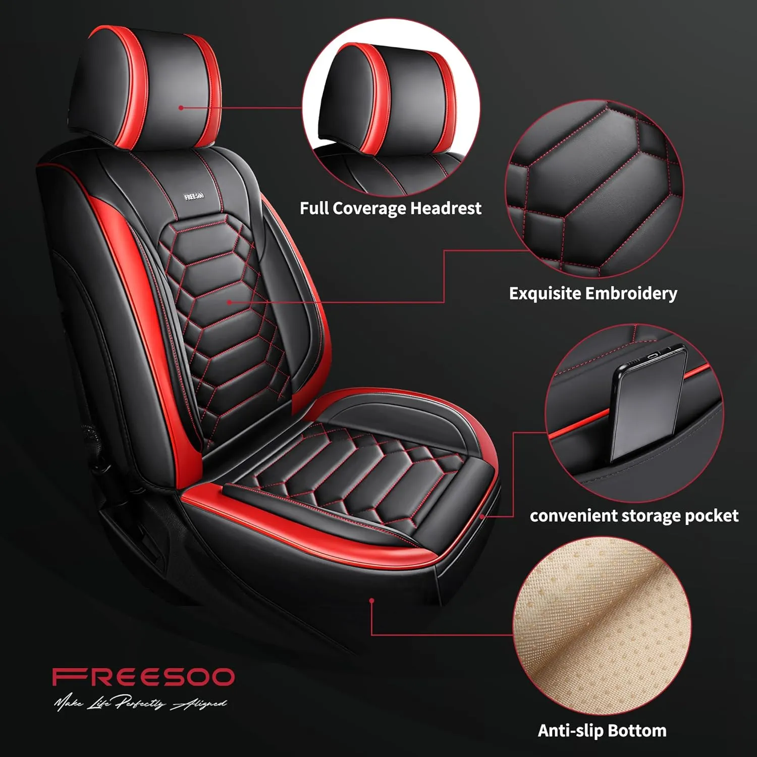 FREESOO Silverado 2014-2018 Leather Full Set Seat Covers, Fit for Chevy Silverado GMC Sierra 1500 2500 3500 Crew Cab Waterproof Truck Seat Covers BlackRed