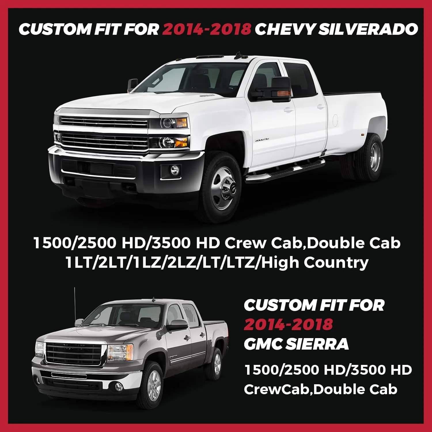 FREESOO Silverado 2014-2018 Leather Full Set Seat Covers, Fit for Chevy Silverado GMC Sierra 1500 2500 3500 Crew Cab Waterproof Truck Seat Covers BlackRed