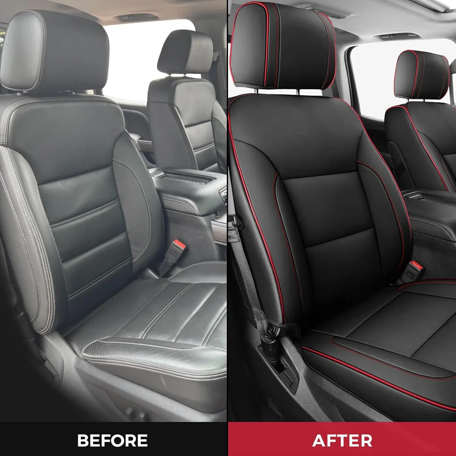 FREESOO Silverado 2014-2018 Leather Full Set Seat Covers, Fit for Chevy Silverado GMC Sierra 1500 2500 3500 Crew Cab Waterproof Truck Seat Covers Original BlackRed Line