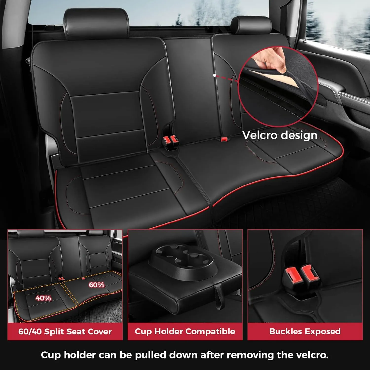 FREESOO Silverado 2014-2018 Leather Full Set Seat Covers, Fit for Chevy Silverado GMC Sierra 1500 2500 3500 Crew Cab Waterproof Truck Seat Covers Original BlackRed Line