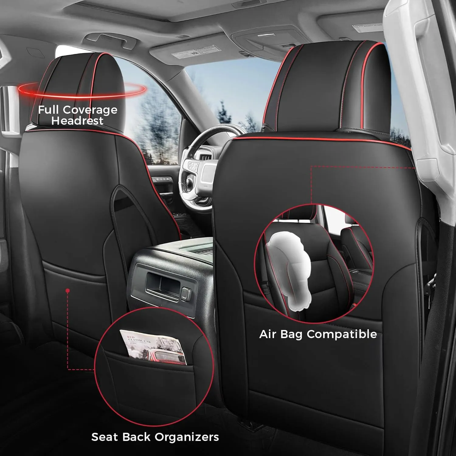 FREESOO Silverado 2014-2018 Leather Full Set Seat Covers, Fit for Chevy Silverado GMC Sierra 1500 2500 3500 Crew Cab Waterproof Truck Seat Covers Original BlackRed Line