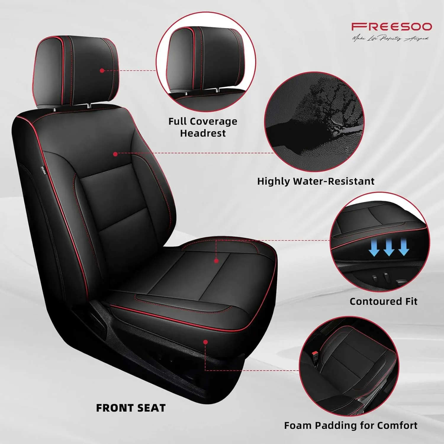 FREESOO Silverado 2014-2018 Leather Full Set Seat Covers, Fit for Chevy Silverado GMC Sierra 1500 2500 3500 Crew Cab Waterproof Truck Seat Covers Original BlackRed Line