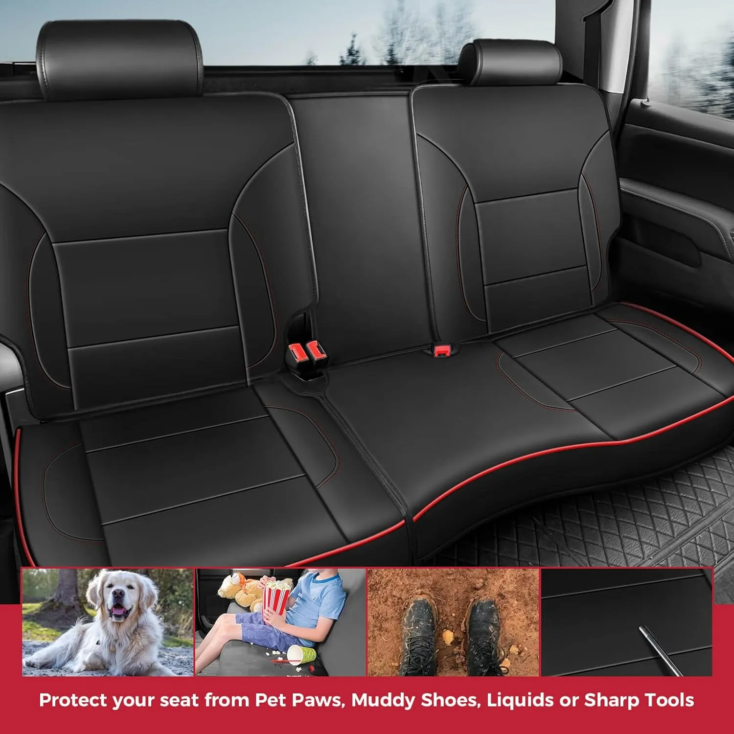 FREESOO Silverado 2014-2018 Leather Full Set Seat Covers, Fit for Chevy Silverado GMC Sierra 1500 2500 3500 Crew Cab Waterproof Truck Seat Covers Original BlackRed Line