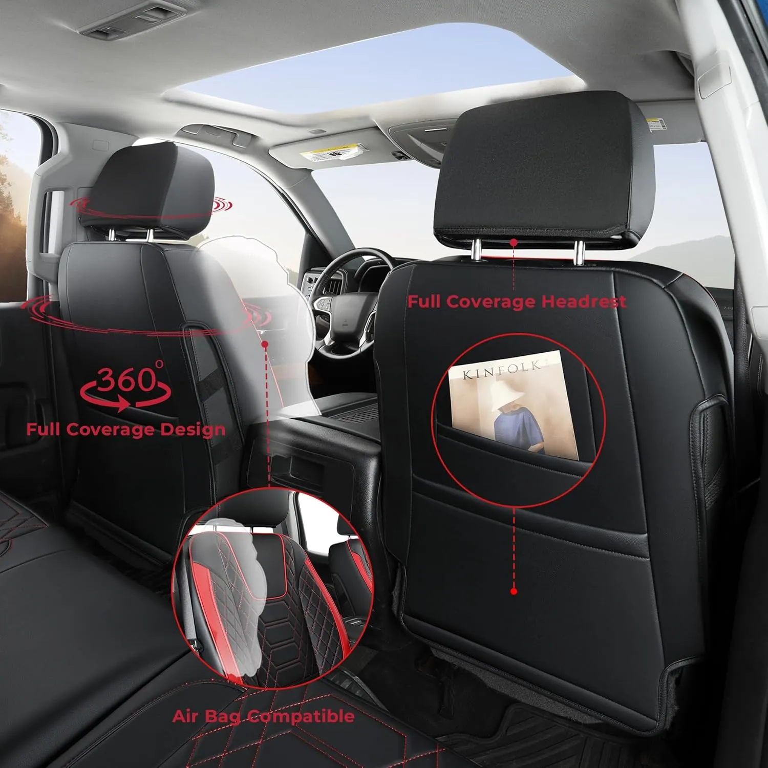 FREESOO Silverado 2019-2024 Faux Leather Full Set Seat Covers, Fit for Chevy Silverado GMC Sierra 1500 Crew Cab Waterproof Truck Seat Covers BlackRed