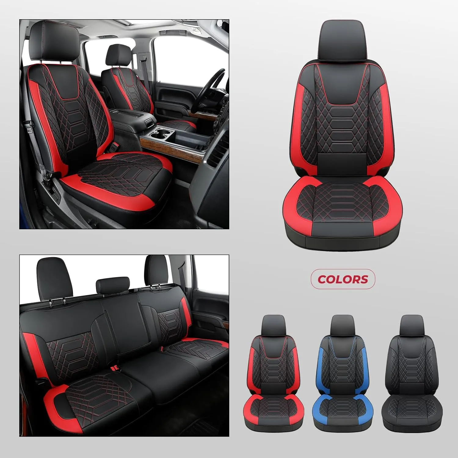 FREESOO Silverado 2019-2024 Faux Leather Full Set Seat Covers, Fit for Chevy Silverado GMC Sierra 1500 Crew Cab Waterproof Truck Seat Covers BlackRed