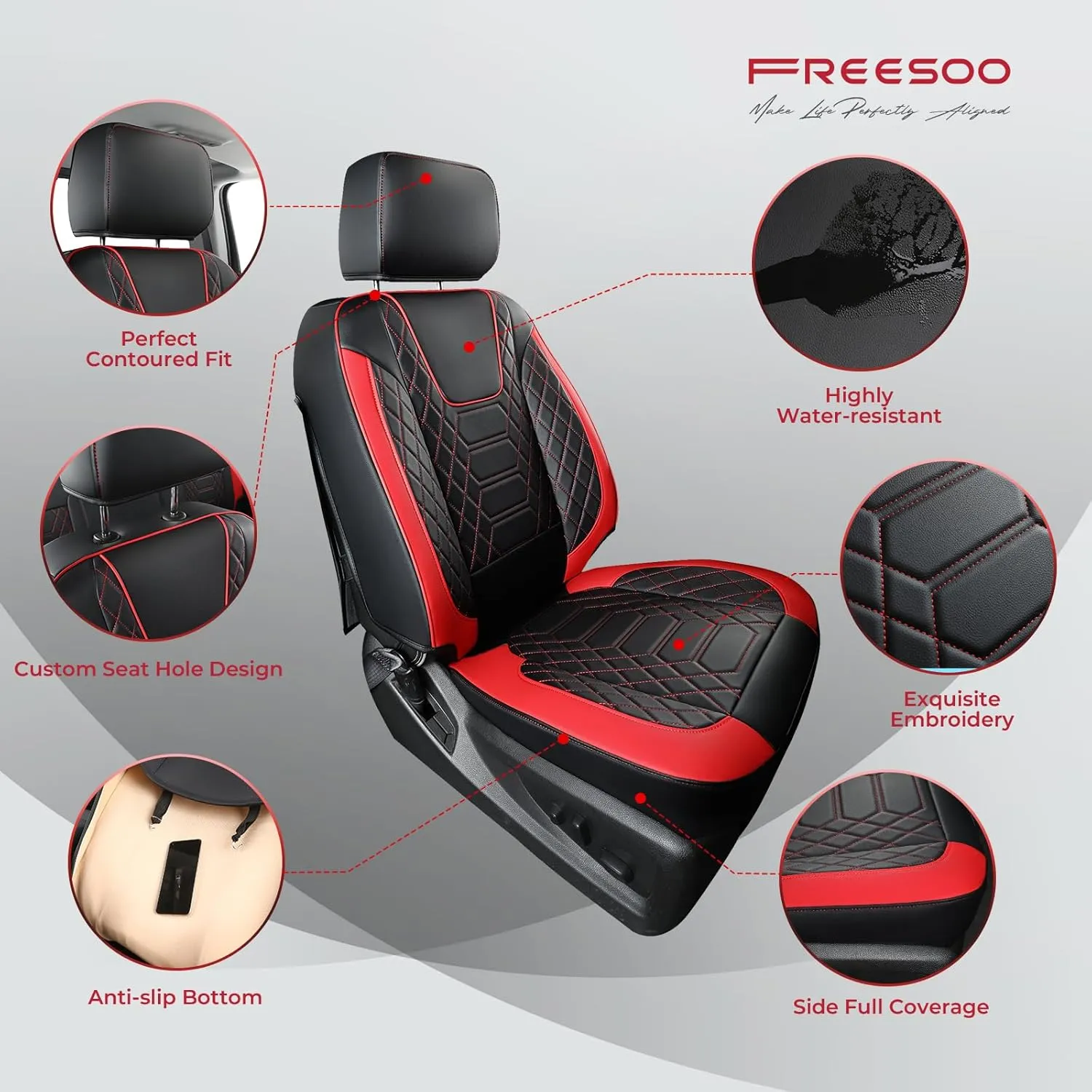 FREESOO Silverado 2019-2024 Faux Leather Full Set Seat Covers, Fit for Chevy Silverado GMC Sierra 1500 Crew Cab Waterproof Truck Seat Covers BlackRed