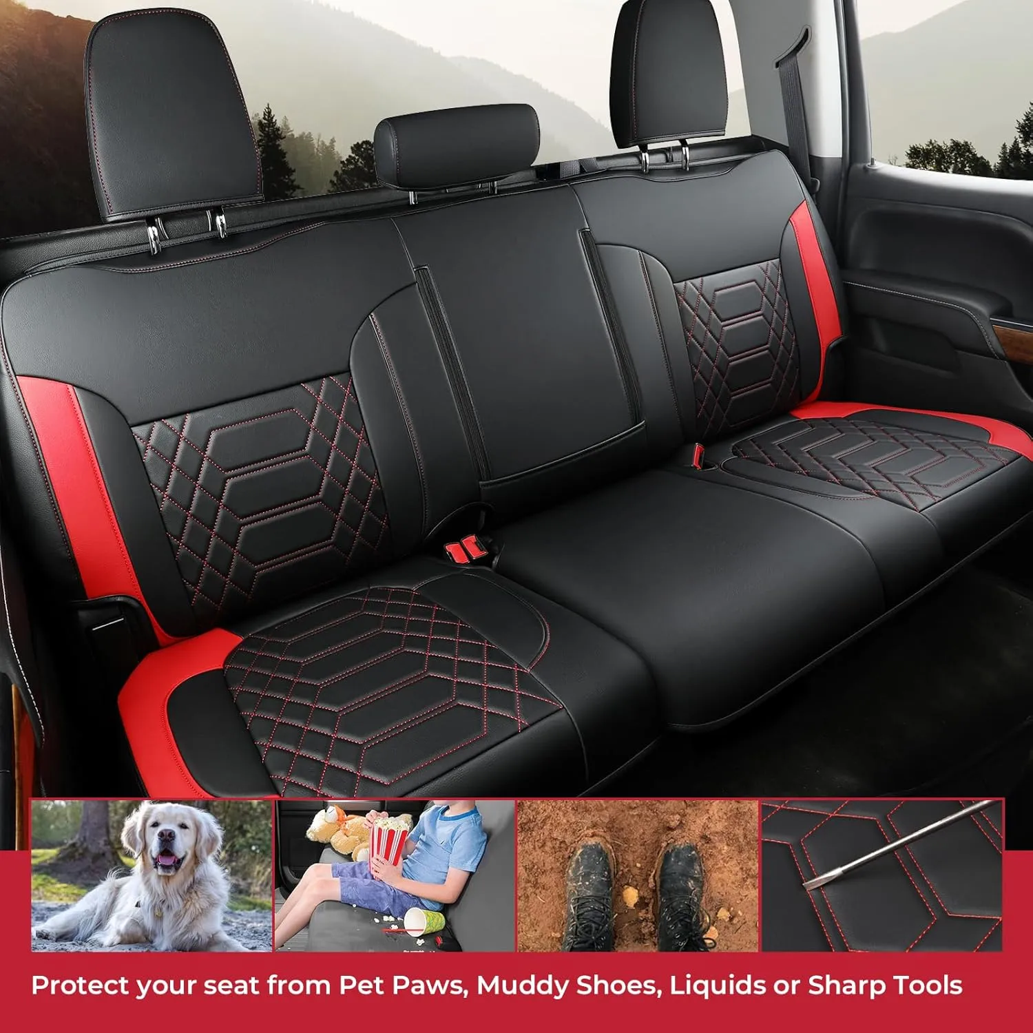 FREESOO Silverado 2019-2024 Faux Leather Full Set Seat Covers, Fit for Chevy Silverado GMC Sierra 1500 Crew Cab Waterproof Truck Seat Covers BlackRed