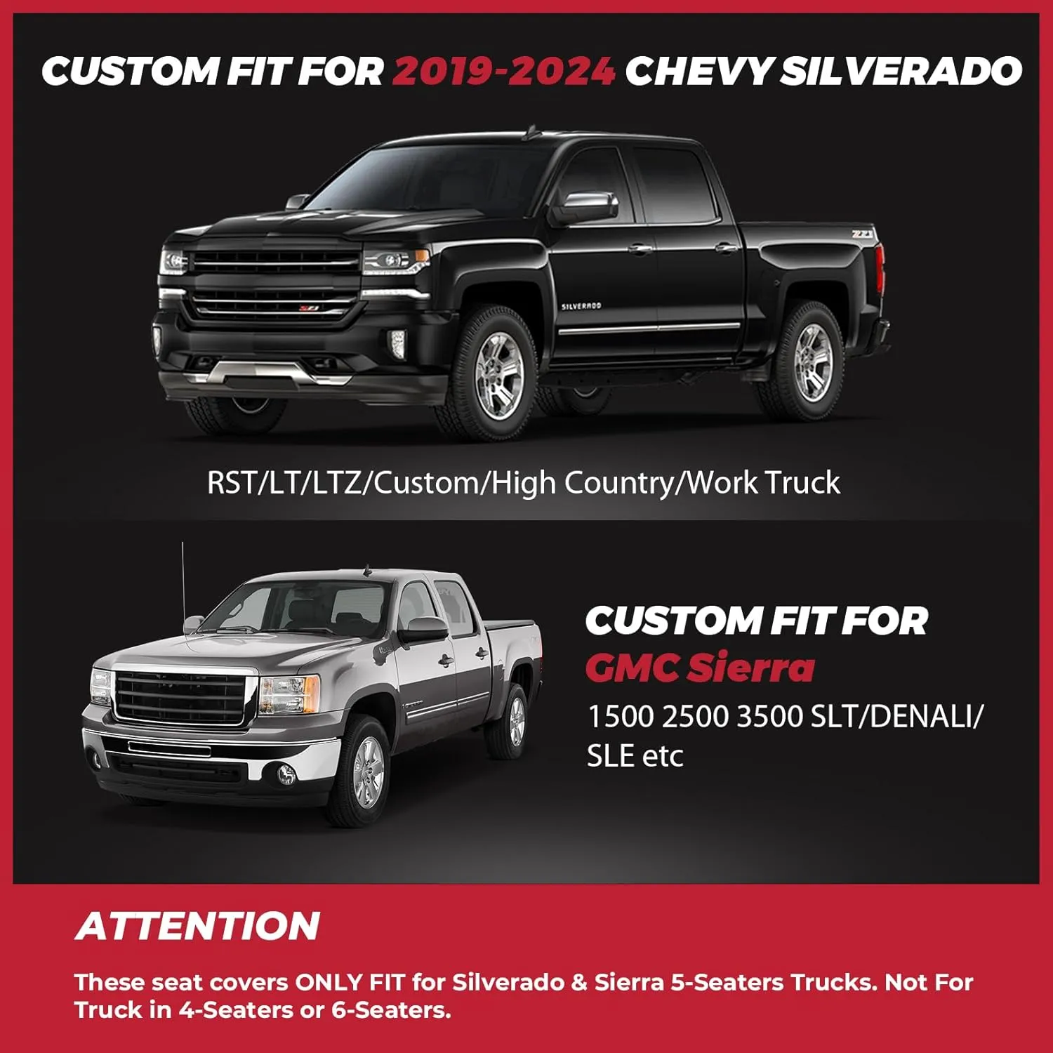 FREESOO Silverado Faux Leather Full Set Seat Covers, Fit for 2019-2024 Silverado GMC Sierra 1500 Crew Cab Waterproof Truck Seat Covers Black