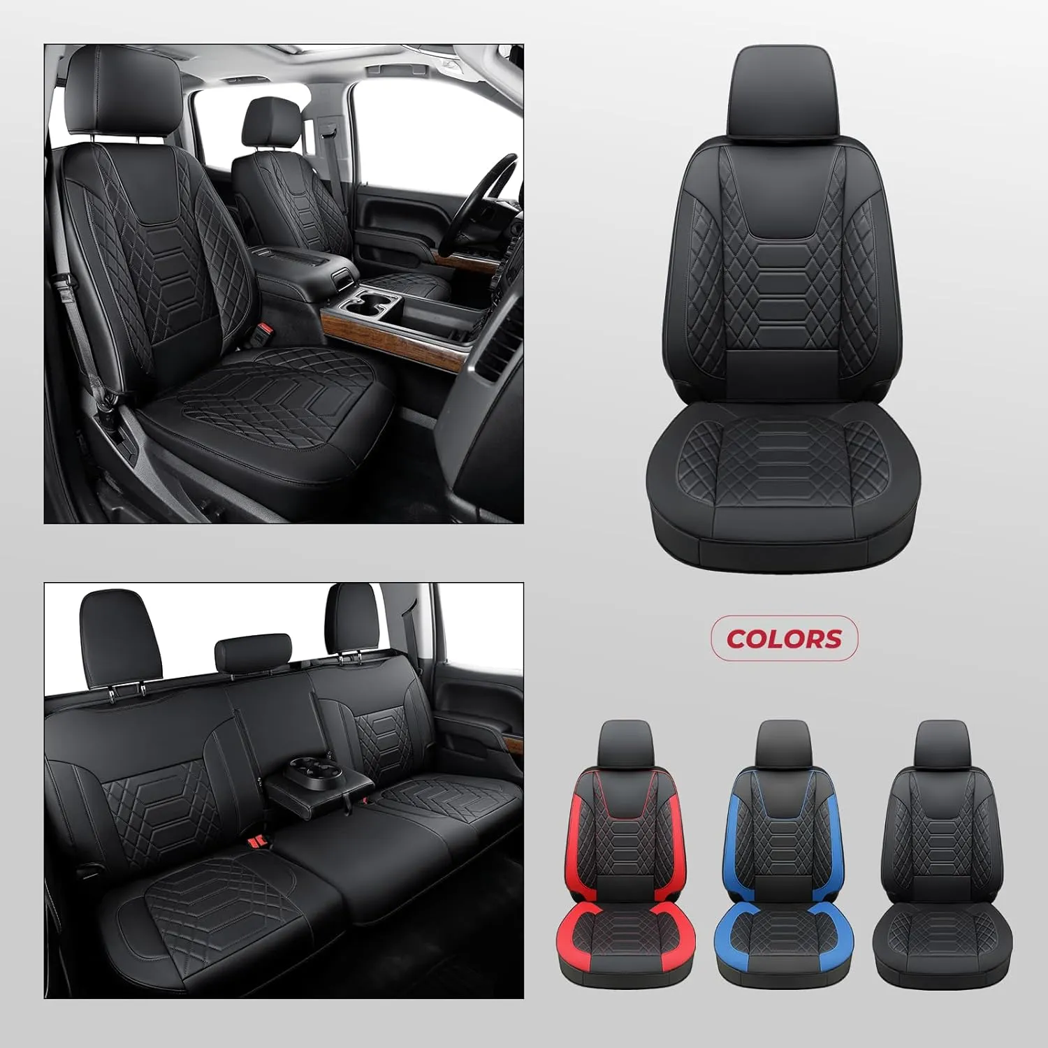 FREESOO Silverado Faux Leather Full Set Seat Covers, Fit for 2019-2024 Silverado GMC Sierra 1500 Crew Cab Waterproof Truck Seat Covers Black