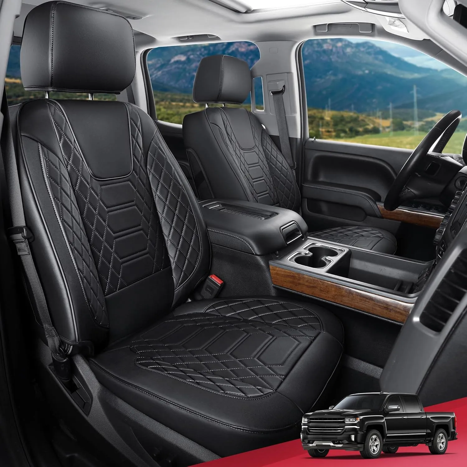 FREESOO Silverado Faux Leather Full Set Seat Covers, Fit for 2019-2024 Silverado GMC Sierra 1500 Crew Cab Waterproof Truck Seat Covers Black