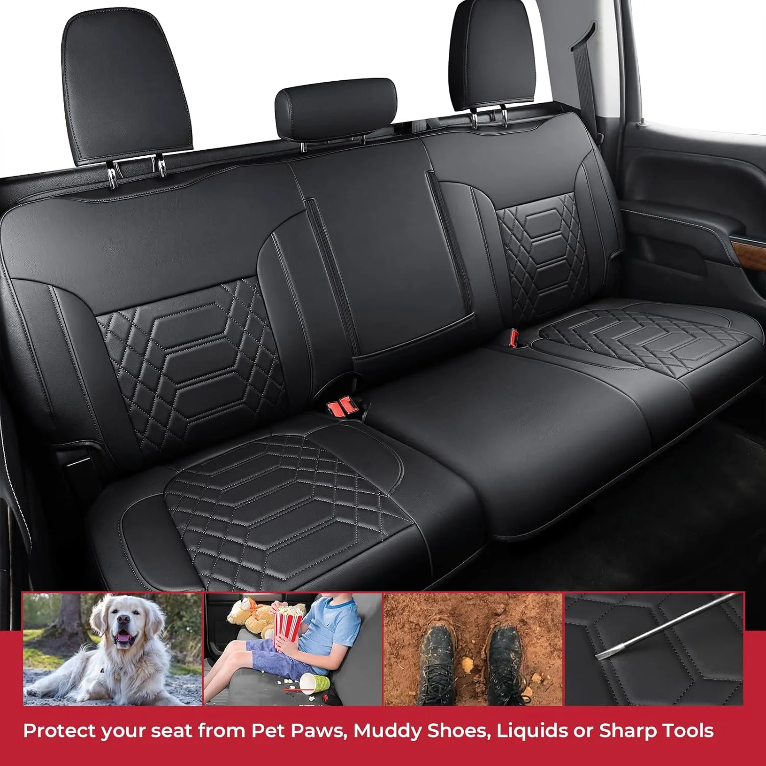 FREESOO Silverado Faux Leather Full Set Seat Covers, Fit for 2019-2024 Silverado GMC Sierra 1500 Crew Cab Waterproof Truck Seat Covers Black