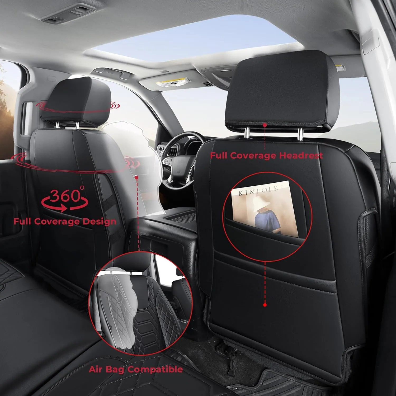 FREESOO Silverado Faux Leather Full Set Seat Covers, Fit for 2019-2024 Silverado GMC Sierra 1500 Crew Cab Waterproof Truck Seat Covers Black