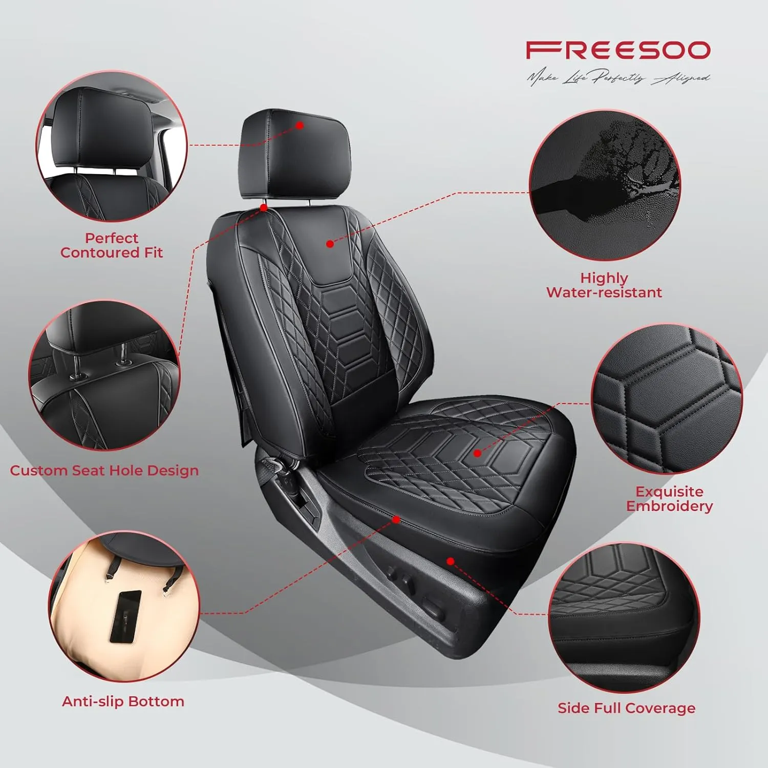 FREESOO Silverado Faux Leather Full Set Seat Covers, Fit for 2019-2024 Silverado GMC Sierra 1500 Crew Cab Waterproof Truck Seat Covers Black