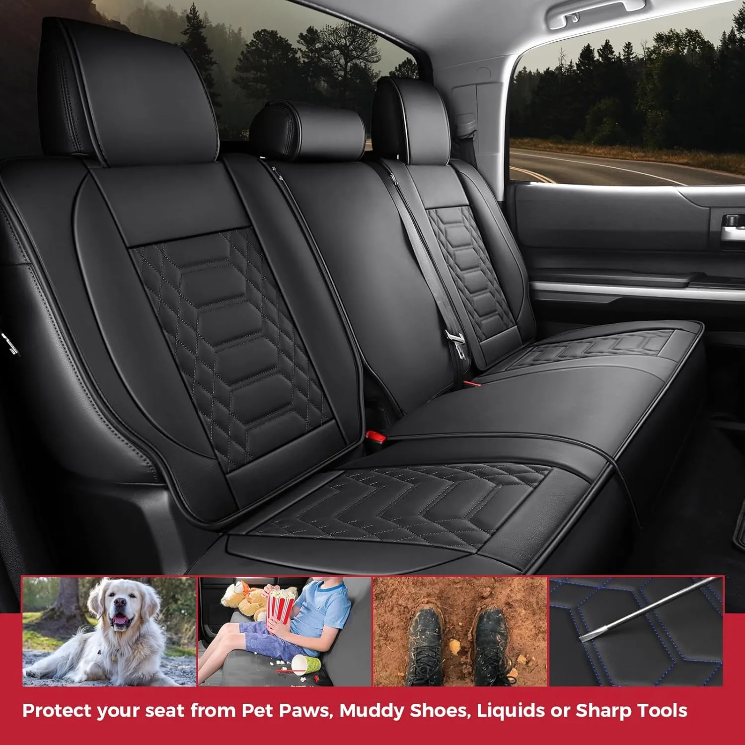 FREESOO Tundra 2007-2021 Full Set Seat Covers, Fit for Toyota Tundra Crewmax Cab, Custom Truck Seat Covers with Waterproof Faux Leather Black