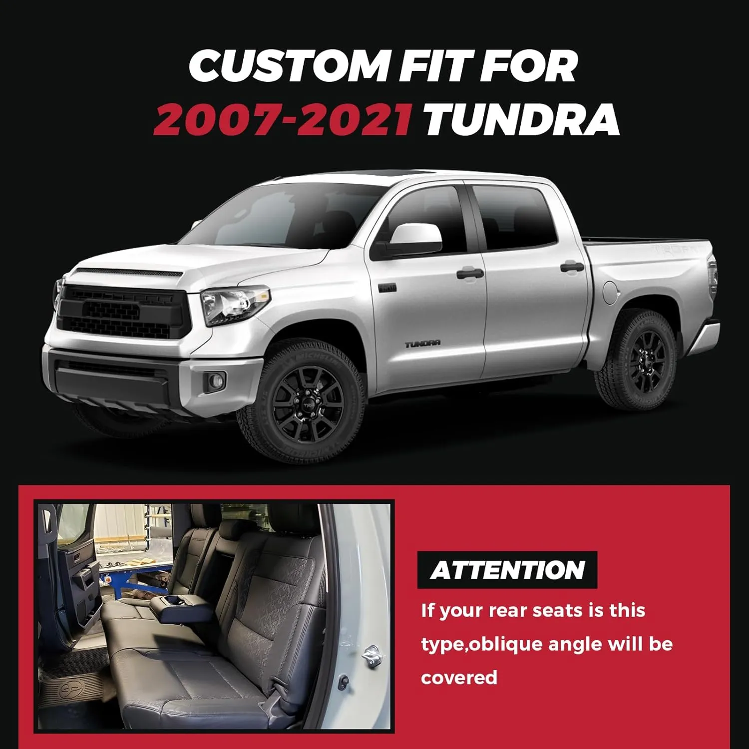 FREESOO Tundra 2007-2021 Full Set Seat Covers, Fit for Toyota Tundra Crewmax Cab, Custom Truck Seat Covers with Waterproof Faux Leather Black