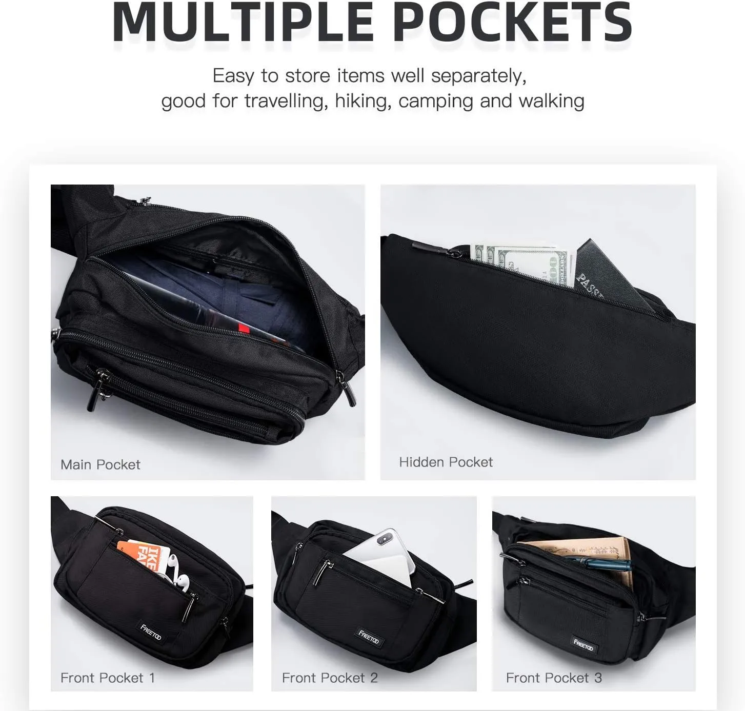 FREETOO Waist Pack Bag Fanny Pack for Men&Women Hip Bum Bag with Adjustable Strap for Outdoors Workout Traveling Casual Running Hiking Cycling