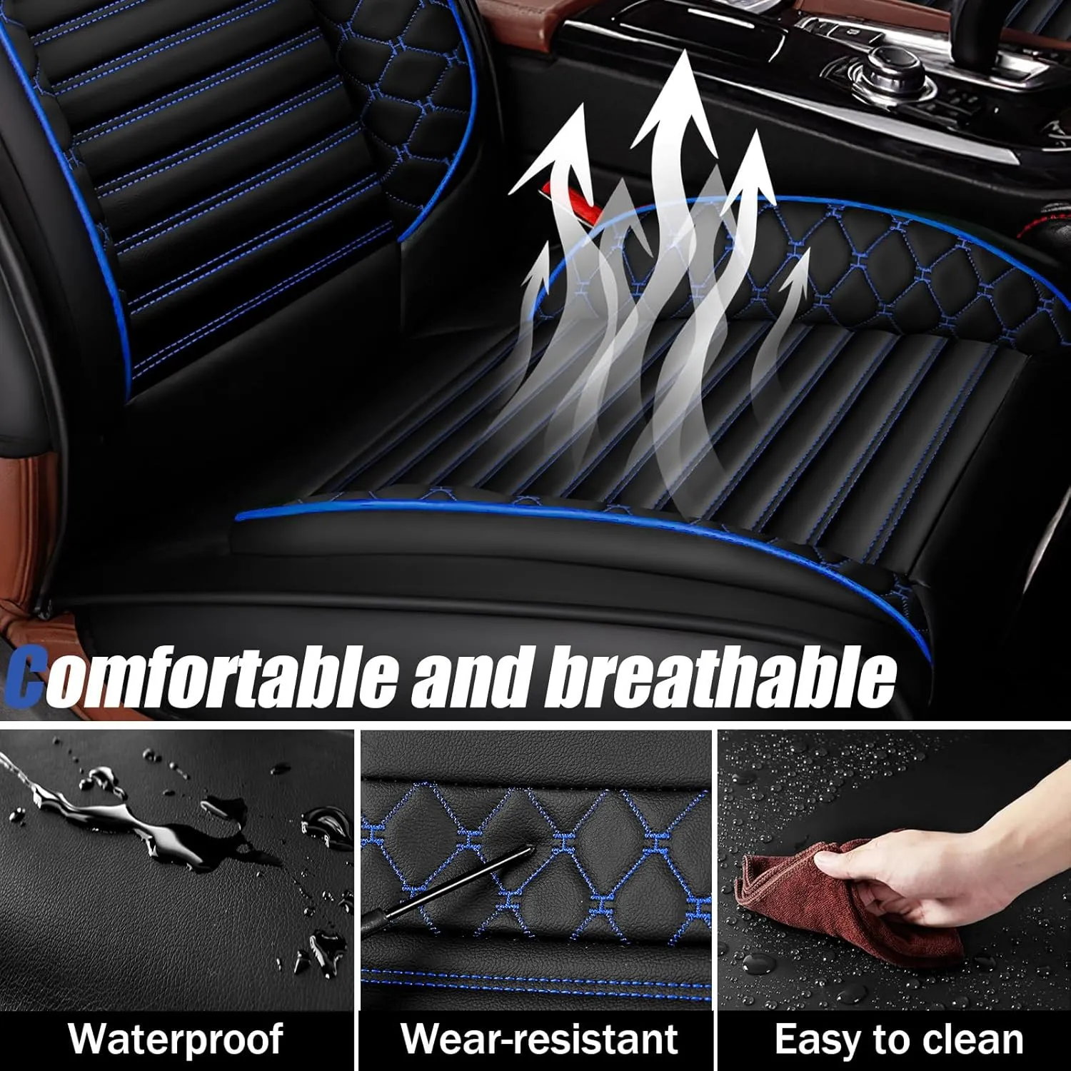 Front Car Seat Cover for Chery Suburban 2000-2025, Airbag Compatible Car Cushion Cover Universal fit for Most Sedans Hatchback SUV Pick-up Truck Black Blue