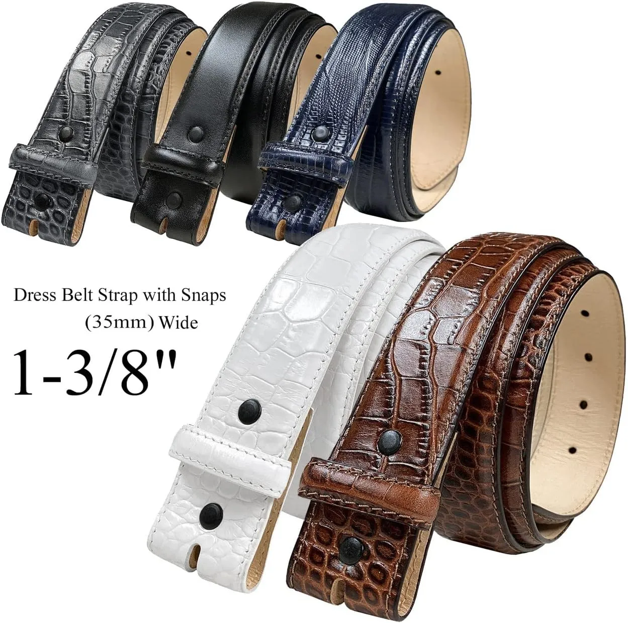 Full-Grain Cowhide Genuine Leather Dress Belt Strap with Snaps,1-3/8"(35mm) &1-1/2"(38mm) Wide