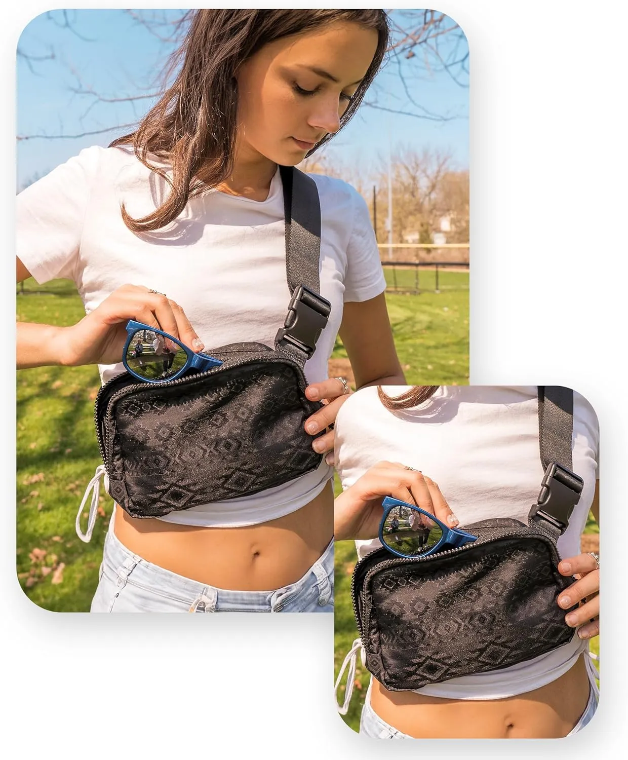 Funky Junque Nylon Cross Body Fanny Pack for Women, Adjustable Waist Bag with Multiple Pockets, 2 Zipper Closures - Aztec - Charcoal