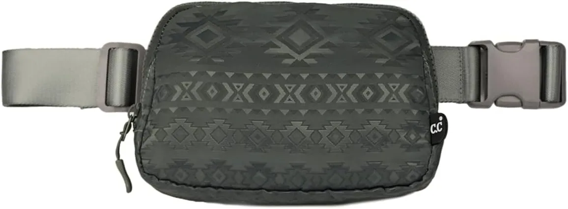 Funky Junque Nylon Cross Body Fanny Pack for Women, Adjustable Waist Bag with Multiple Pockets, 2 Zipper Closures - Aztec - Charcoal