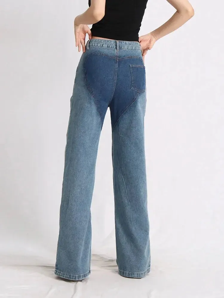 FZ Women's Sexy Hollow Out High Waist Patchwork Wide Leg Denim Pants