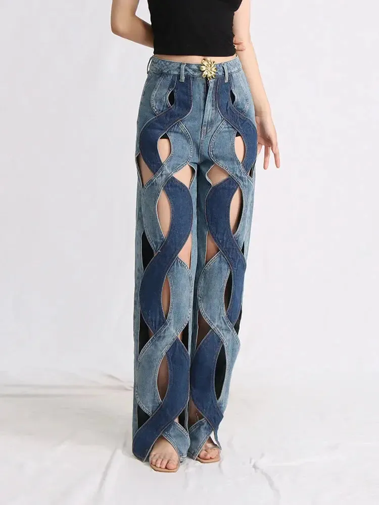 FZ Women's Sexy Hollow Out High Waist Patchwork Wide Leg Denim Pants