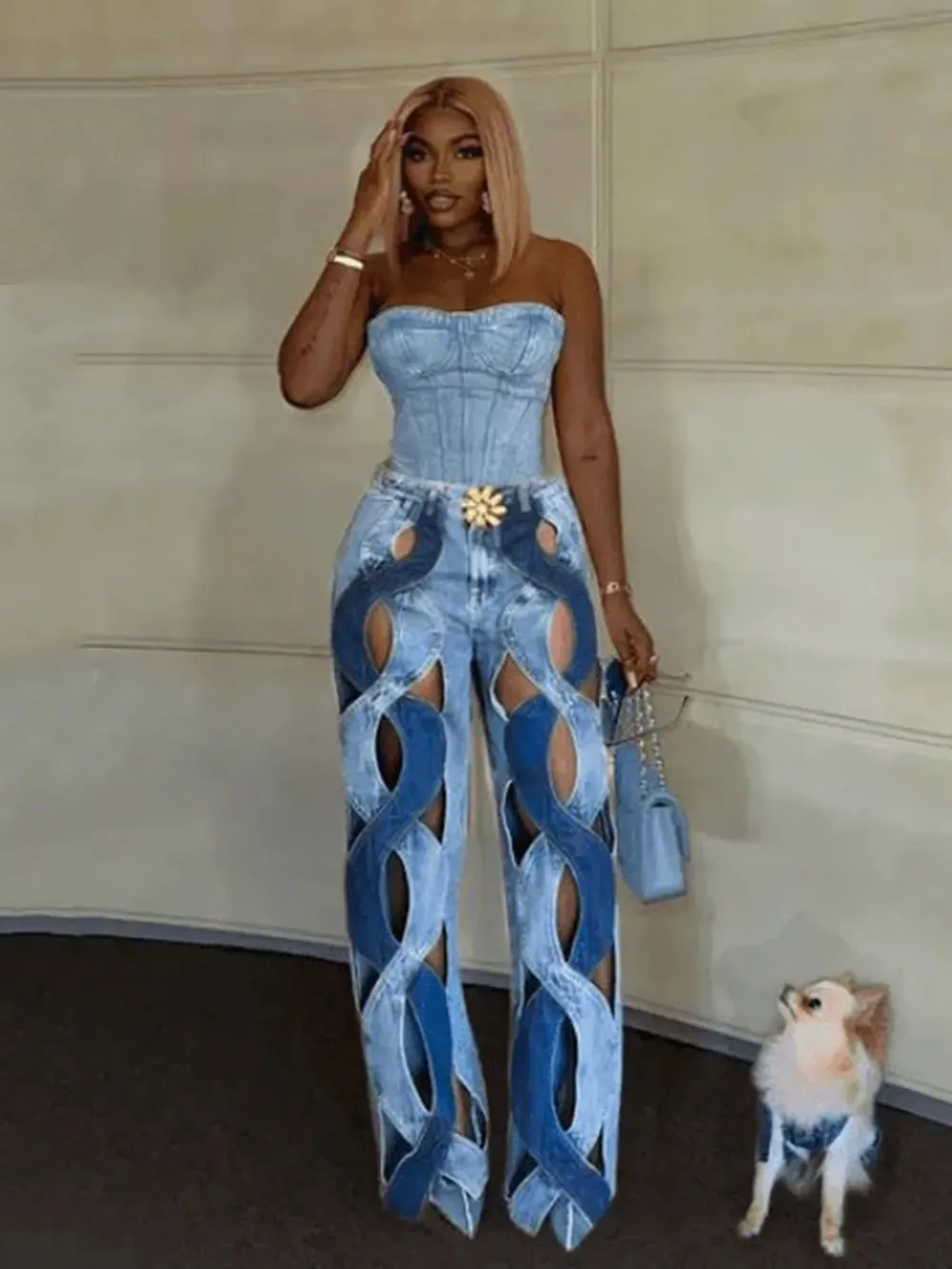 FZ Women's Sexy Hollow Out High Waist Patchwork Wide Leg Denim Pants