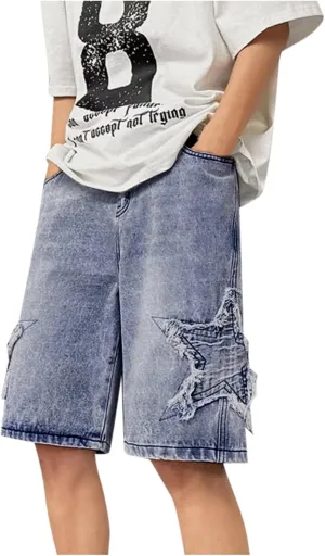FZVYD Jorts Men Women Denim Shorts Y2k Baggy Star Jorts Jeans Loose Fit Patchwork Jeans Shorts Y2k Fashion Loose Streetwear