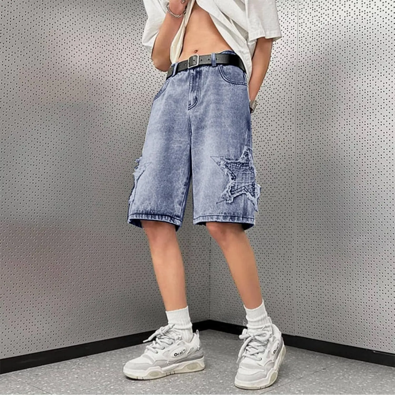 FZVYD Jorts Men Women Denim Shorts Y2k Baggy Star Jorts Jeans Loose Fit Patchwork Jeans Shorts Y2k Fashion Loose Streetwear