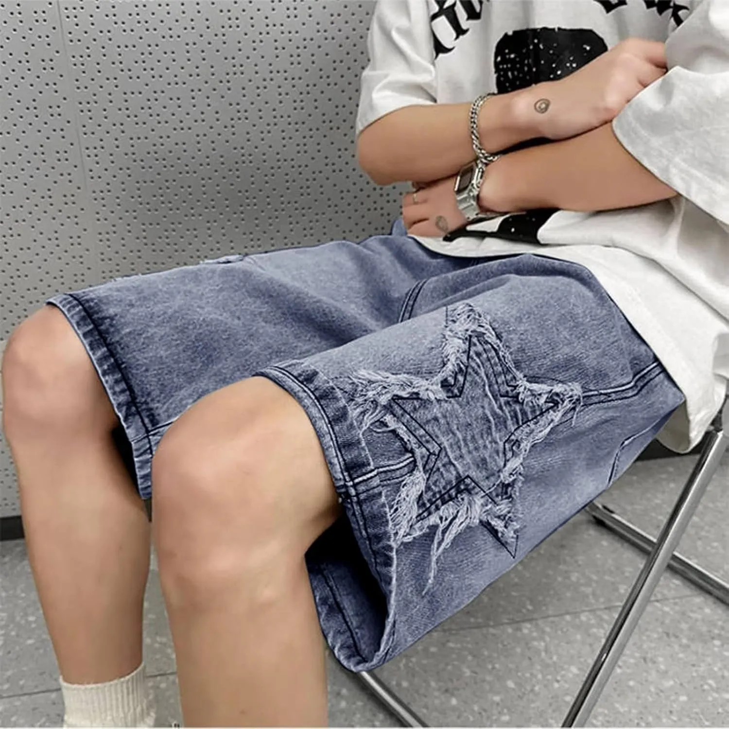 FZVYD Jorts Men Women Denim Shorts Y2k Baggy Star Jorts Jeans Loose Fit Patchwork Jeans Shorts Y2k Fashion Loose Streetwear