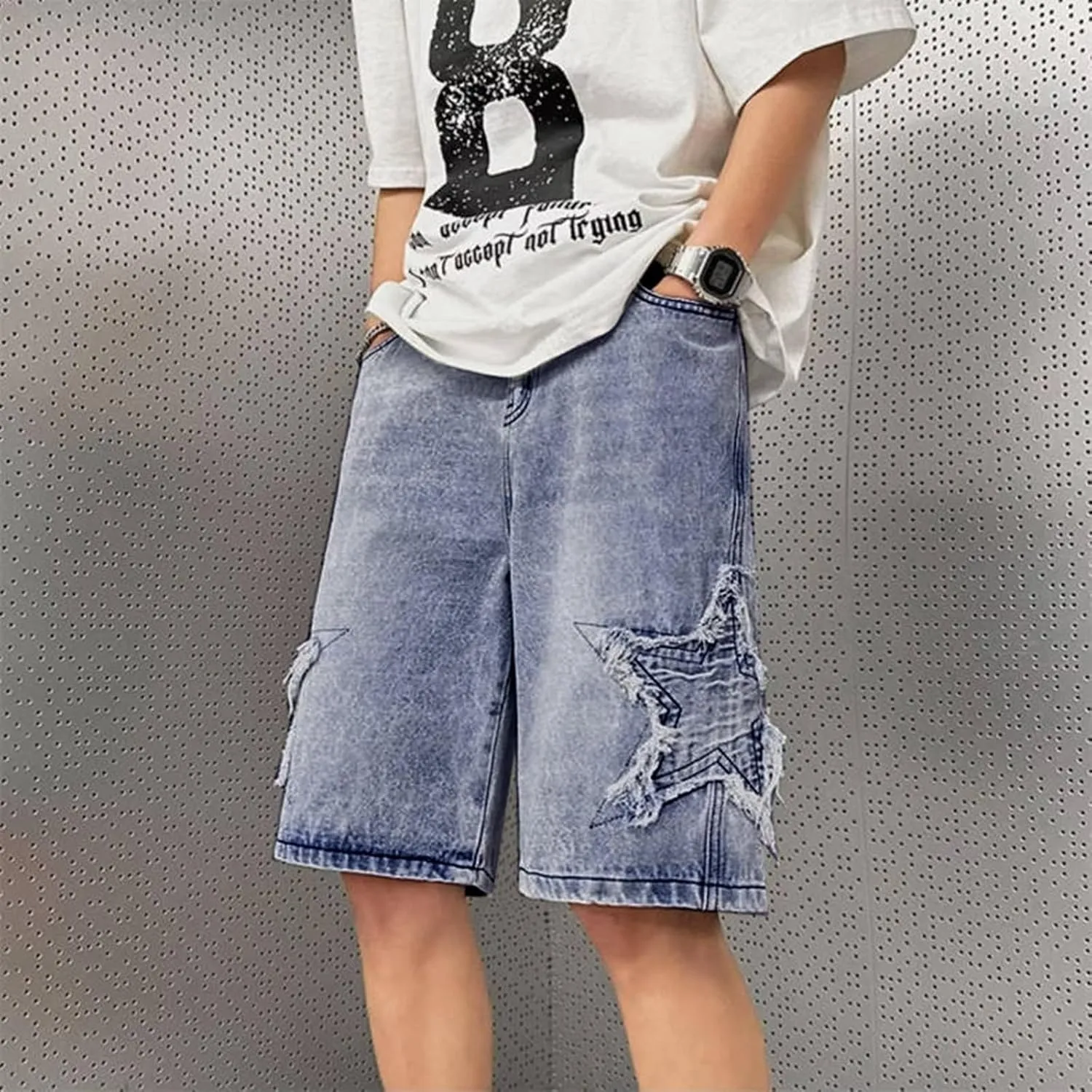FZVYD Jorts Men Women Denim Shorts Y2k Baggy Star Jorts Jeans Loose Fit Patchwork Jeans Shorts Y2k Fashion Loose Streetwear
