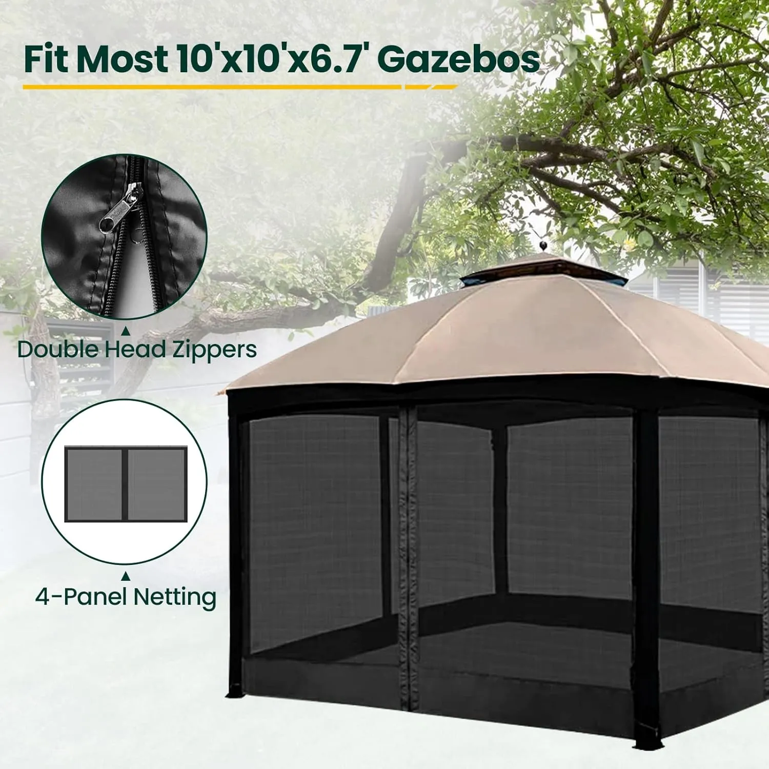 Gazebo Universal Replacement Mosquito Netting, 10' x 10' Outdoor Canopy Net Screen 4-Panel Sidewall Curtain, with Zippers, Easy to Install, Fit for Most Gazebo 10x10 Canopy, Black